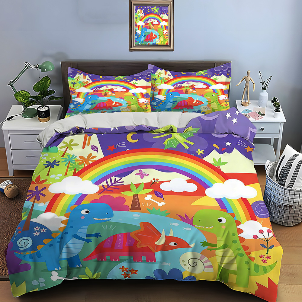 Duvet Cover Sets With Zipper - Karikatür Dinozor Dünyası ve Gökkuşağı Desenli