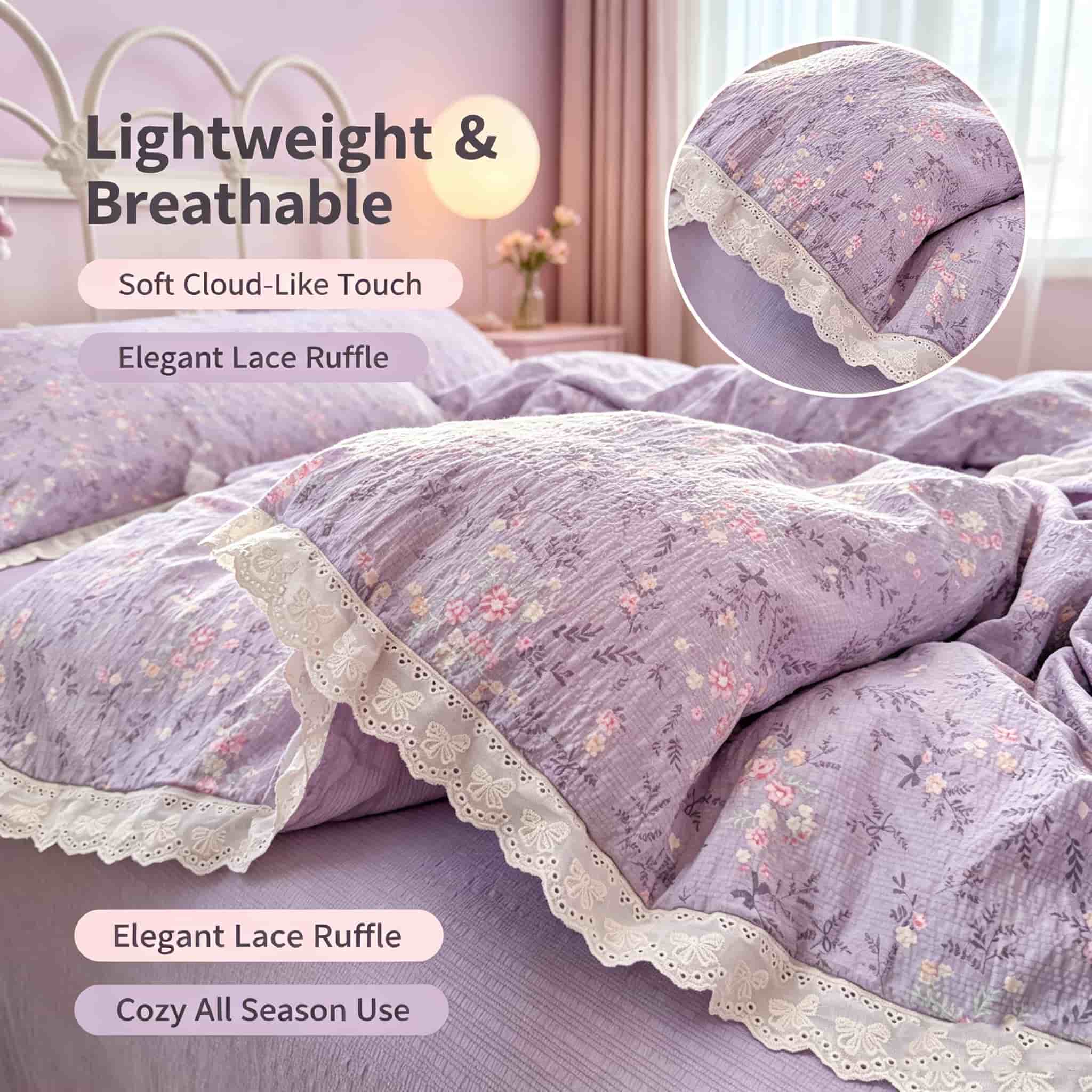 Aesthetic Floral Duvet Cover - Estetik Cottagecore Yatak Takımı, Mor Çiçek
