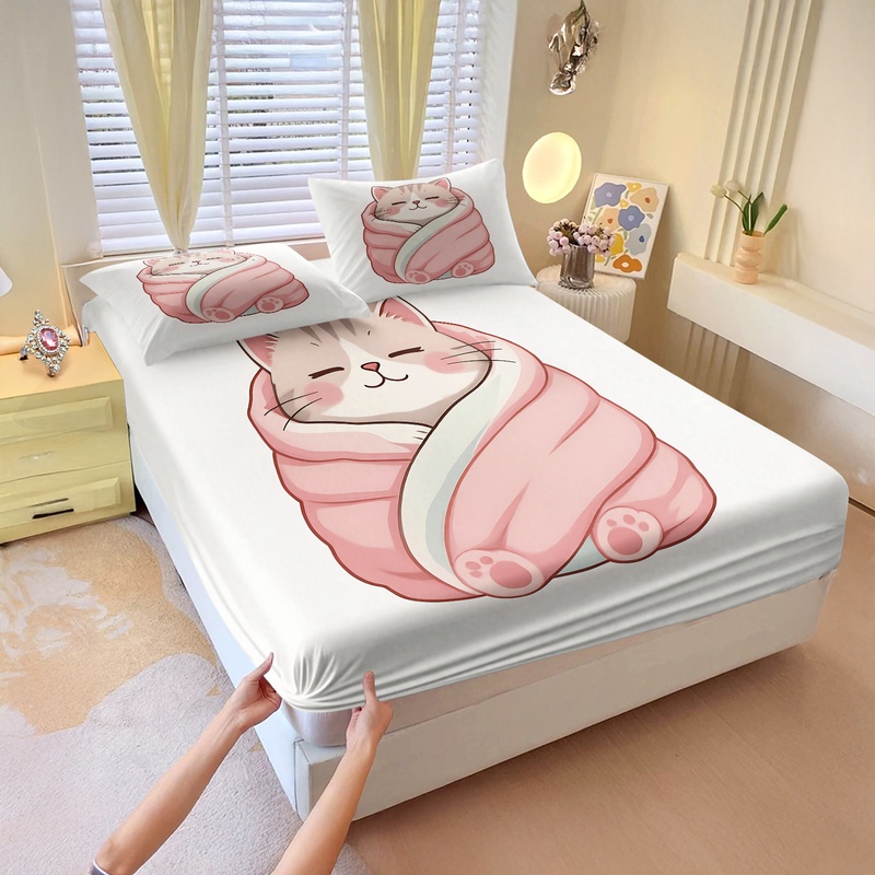Fitted Bed Sheets Deep Pocket - Sevimli Kedi Baskılı Çarşaf Seti Rahat