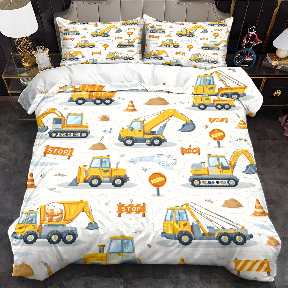 Duvet Cover Sets With Zipper - İnşaat Araçları Temalı Yatak Örtüsü, Üç