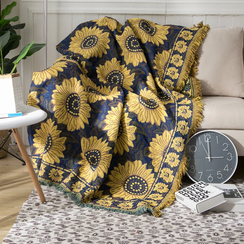 Boho Throw Blanket Fringe - Tekstil şehir Ins kırsal mavi ayçiçeği