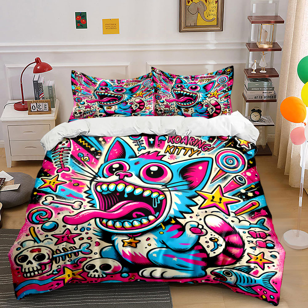 Duvet Cover Sets With Zipper - Pop grafiti tarzı kükreyen kedi desenli