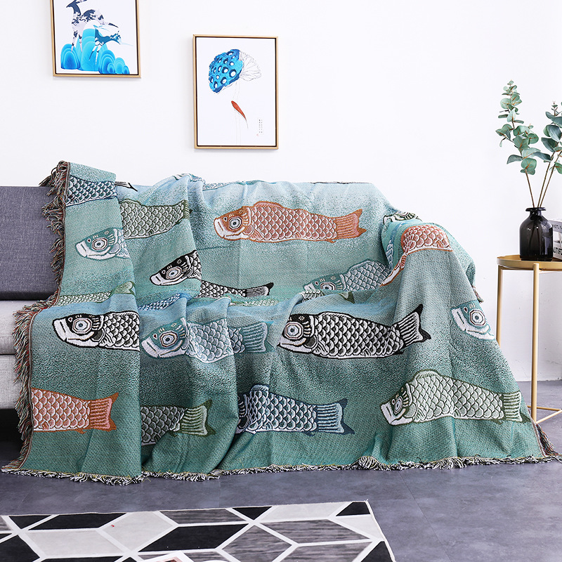 Boho Throw Blanket Fringe - Koi Balığı Jakarlı Dokuma Battaniye Boho